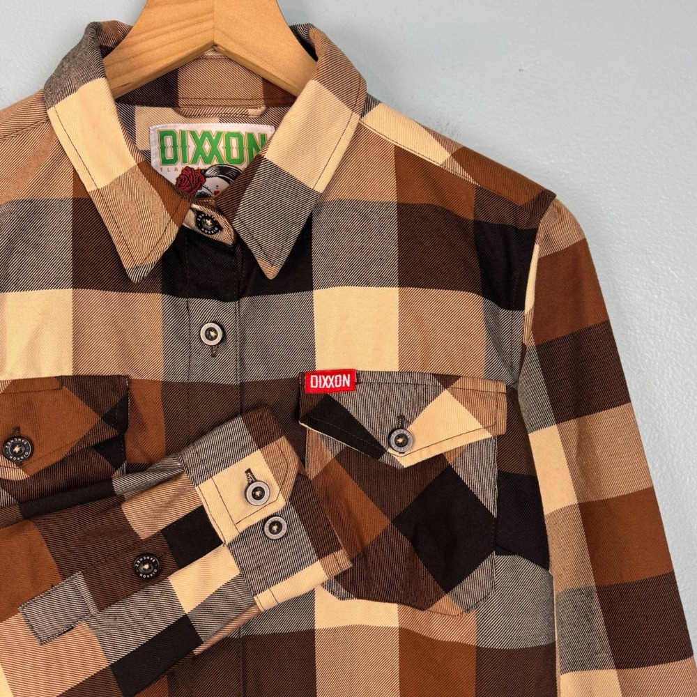 Dixxon Sanchez Womens Medium Brown Plaid D-Tech Flannel Button Down Shirt Moto
